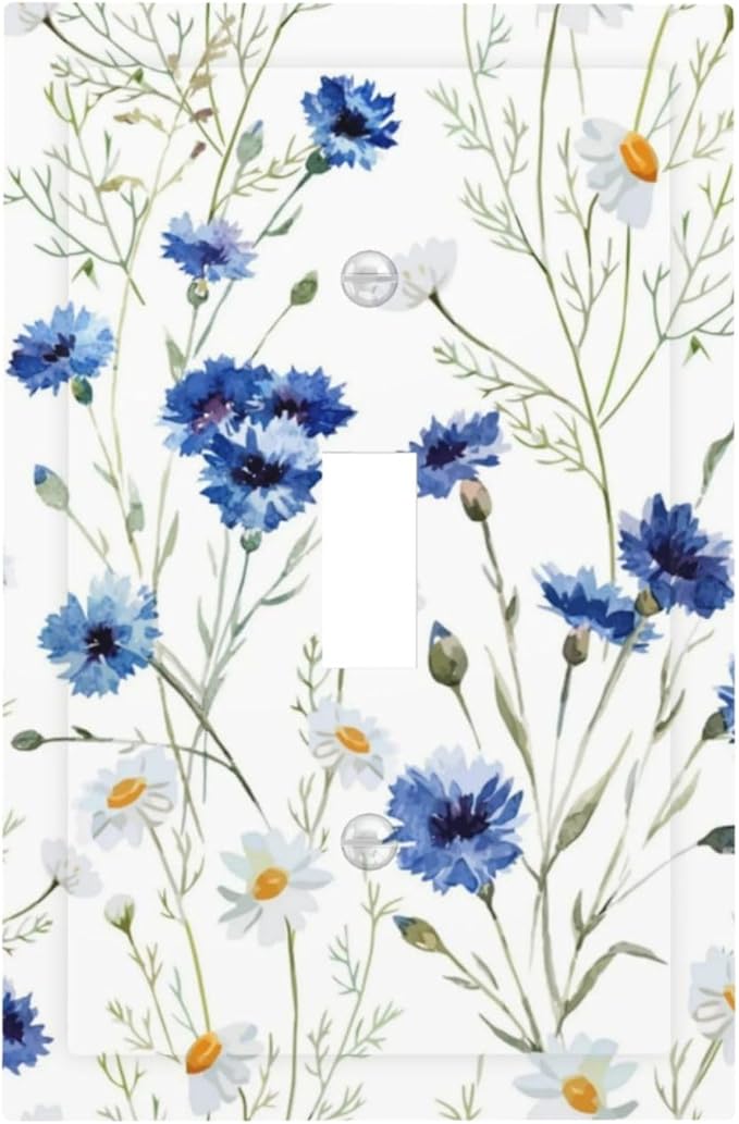 Light Switch Cover Plate Watercolor Daisy Blue Floral Vintage Plant 1 Gang Single Toggle Decorative Switch Plates Wall Plates Electrical Faceplate Socket Covers for Bedroom Home Decor