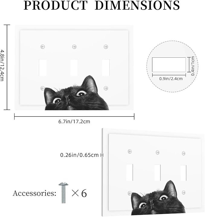 Peeping Black Cat Cute Animals Decorative Switch Plates 3 Gang Wall Plate Triple Toggle Light Switch Cover Faceplate Electrical Wall Panels for Kids Room Home Decor