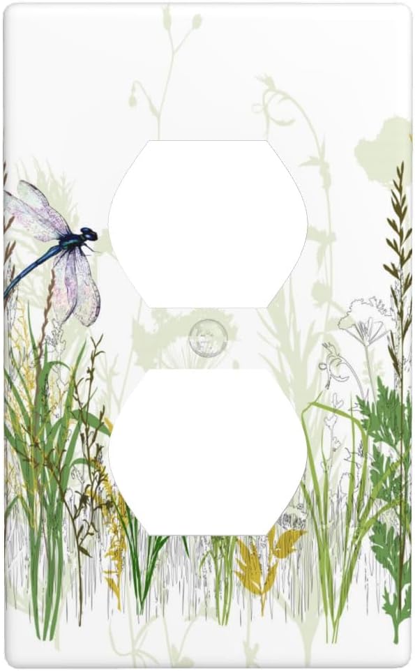 1-Gang Duplex Wall Plate, Wildflower & Dragonfly Printed Outlet Cover, Boho Cottage Garden Floral Decor for Sunroom Bedroom