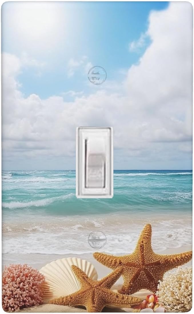 Ocean Beach Starfish Clouds 1-Gang Toggle Light Switch Plate, Coastal Wall Plate for Bathroom, Bedroom, Beach House & Sunroom