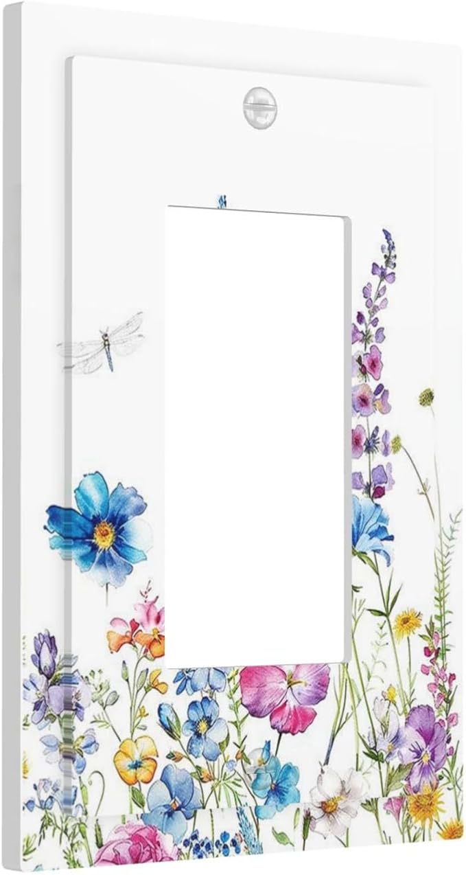 Decorative Outlet Covers Boho Colorful Flowers Plants And Dragonflies 1 Gang Single Rocker Light Switch Cover Plate Wall Plates GFCI Faceplate for Bedroom living Room Decor