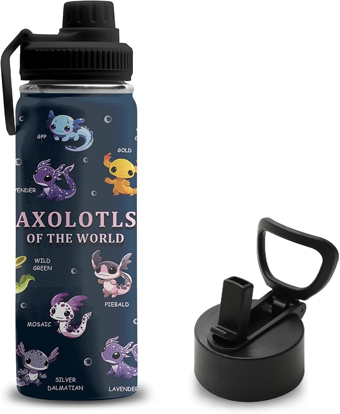 Axolotl Gifts for Girls Boys, 18 oz Stainless Steel Water Bottle with 2 Lids, Insulated Water Bottle with Straw, Axolotl Cup for Travel Sports Outdoor, Birthday Christmas Gifts (1pcs)