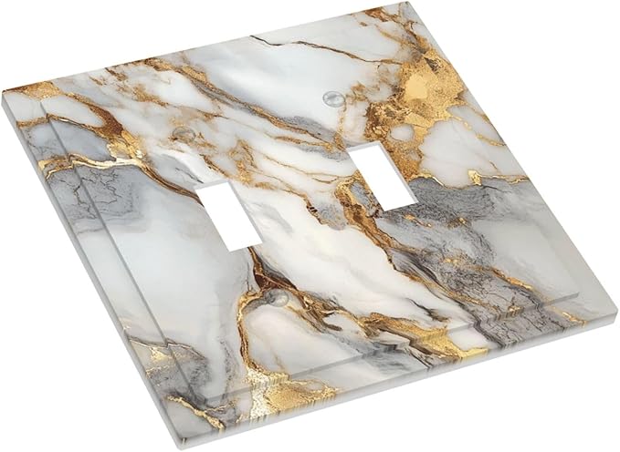 Light Switch Cover Plate White Gold Abstract Luxury Marble Patterns 2 Gang Double Switch Plate Covers Toggle Wallplate Decorative Outlet Covers Electrical Switchplate for Bathroom Home Decor