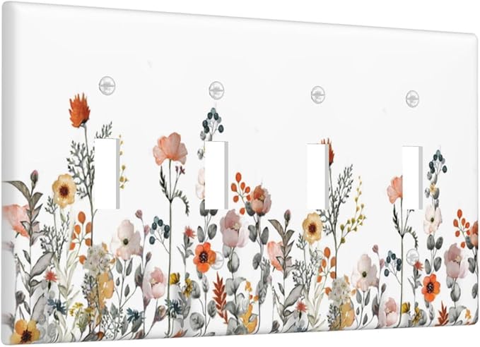 Light Switch Covers Colorful Wildflowers Boho Vintage Floral Quad Toggle Electrical Faceplate 4 Gang Wall Plate Decorative Switch Plates For Bed Room Living Room Decor