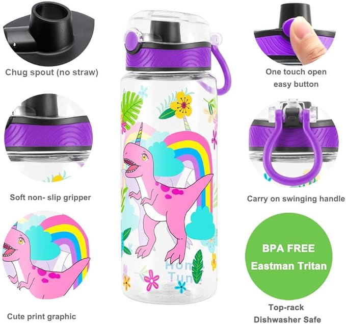 Home Tune Cute Water Bottle for School Kids Girls, BPA FREE Tritan & Leak Proof & Easy Clean & Carry Handle, 23oz/ 680ml (Rainbow Dinosaur)