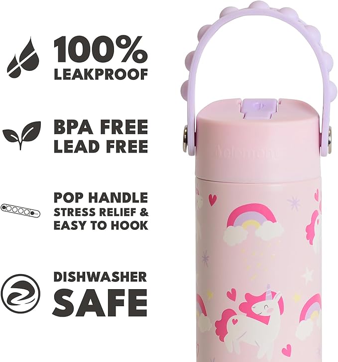 Elemental 100% Leak Proof When Spout is Closed Insulated Kids Water Bottle, Stainless Steel Bottle for School with Straw Lid & Pop-It Handle, Unicorn Magic & Meowmaid - 18oz (2 Pack)