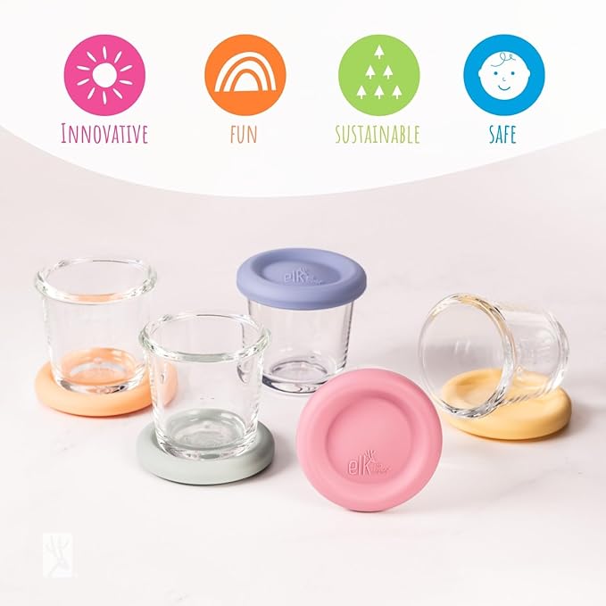 Elk and Friends 4oz Borosilicate Glass Baby Food Storage Jars with Silicone Lid | Strong Glass | Set of 6 | Microwave, Oven & Dishwasher Safe | Infant and Babies
