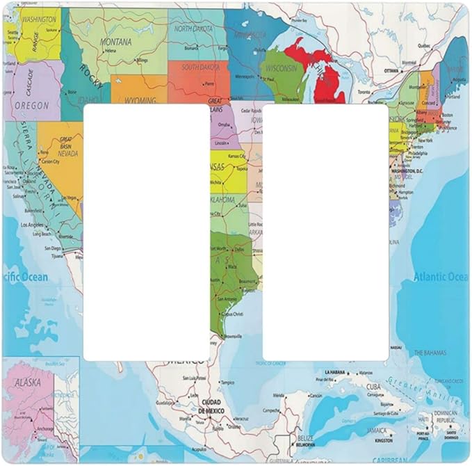 USA Map 2 Gang Double Rocker/Decor Light Switch Cover Decorative Outlet Wall Plate Electrical Faceplate Home Bedroom Art Panel Decor Screwless 4.7" x 4.6