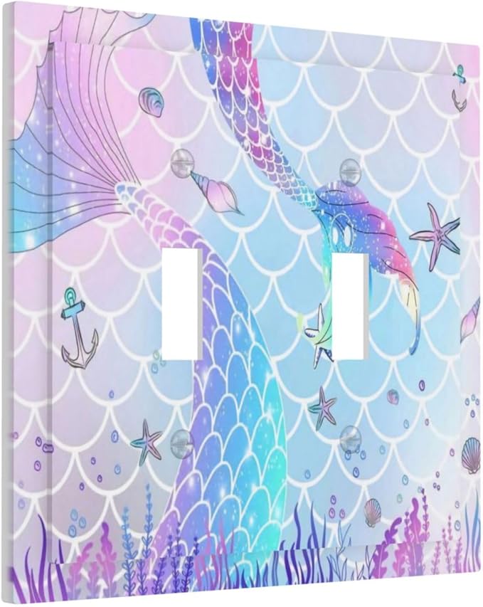 Colorful Cute Kids Girl Purple Pink Ocean Mermaid Tail Scale Conch Starfish Glitter 2 Gang Electrical Double Toggle Outlet Light Switch Wall Plate Decorative Receptacle Face Switchplate Cover Mid Size