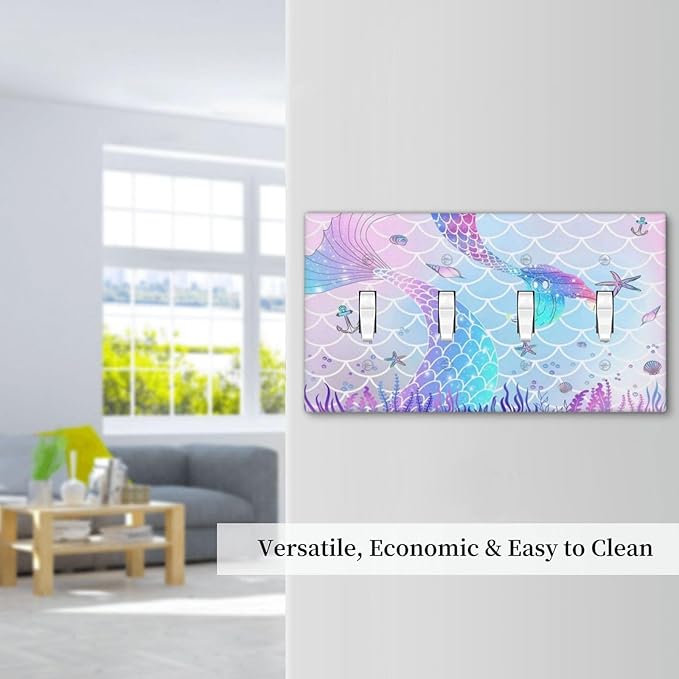Cartoon Blue Purple Pink Girl Mermaid Scales Tail 4 Gang Quad Toggle Decorator Light Switch Cover Girly Kids Nursery Cute Conch Underwater Theme Wall Plate Decorative Electrical Faceplate Switchplate