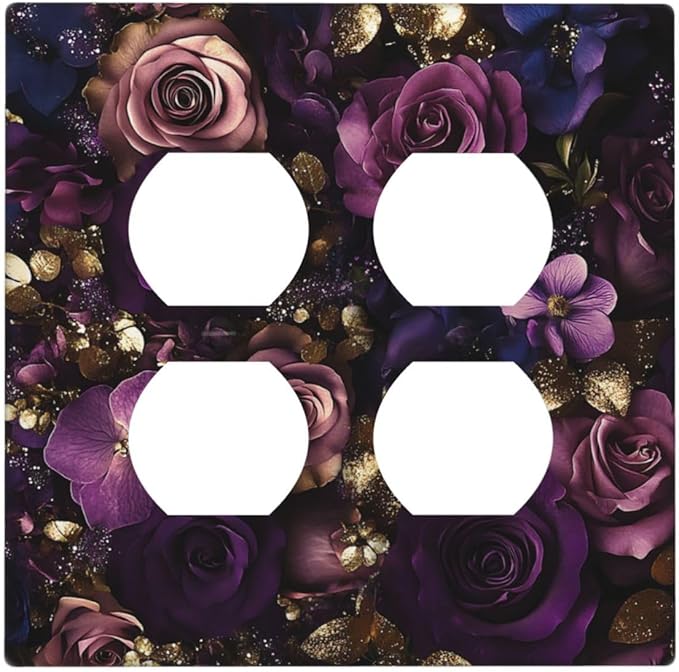 Decorative Outlet Covers with Luxurious Purple Roses Gold Accents Leaves Design 2 Gang Wall Plate Double Duplex Receptacle Light Switch Cover Switch Plate Cover for Bedroom/Living Room Decor