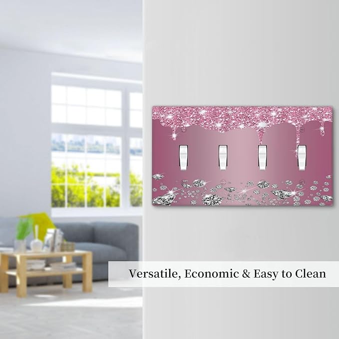 Sparkling Diamonds Pink Silver Glitter Drops Print Quad Toggle Light Switch Covers Decorative Unique 4 Gang Wall Plate Electrical Faceplate Switchplate for Kitchen Bedroom Bathroom Decor