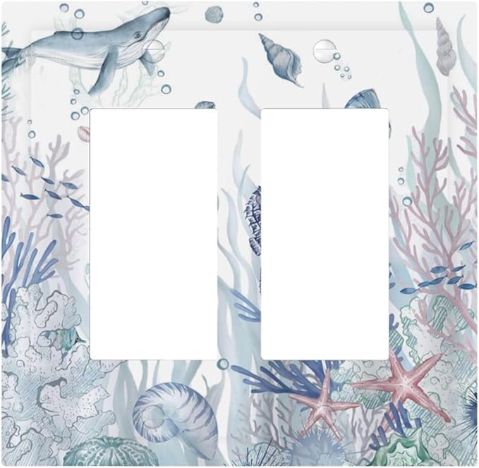 Ocean Themed Coral Seahorse Seashell Starfish Beach Decorative Outlet Covers 2 Gang Double GFCI Rocker Electrical Wall Panels Light Switch Cover Plate for Bathroom Home Decor