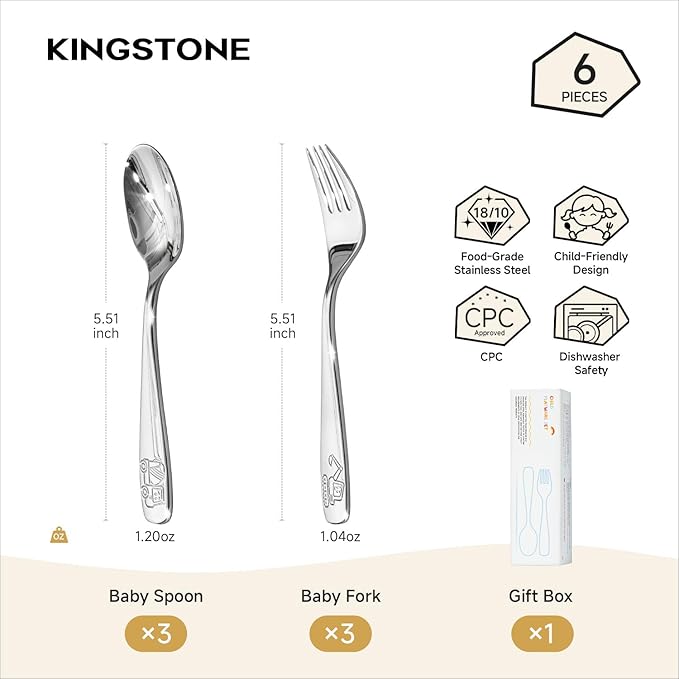 KINGSTONE 6 Pieces Toddler Utensils Set, 18/10 Stainless Steel Kids Silverware, 3 Forks & 3 Spoons, Food-Grade, Construction, Digger & Dump Truck Dishes, Dishwasher Safe for Self-Feeding