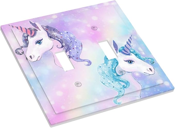 Cute Funny Cartoon Colorful Rainbow Purple/Blue Unicorn Double Toggle Wall Plate Lovely Kid Girl Fantasy Dream Animal Decorative 2-Gang Light Switch Cover Electrical Receptacle Outlet Face Plate Cover