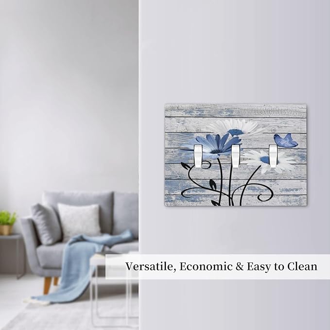 Blue White Daisy Flower Butterfly Rustic Wood Board Decorative Switch Plates 3 Gang Wall Plate Triple Toggle Light Switch Cover Faceplate Electrical Wall Panels for Farmhouse Bedroom Decor