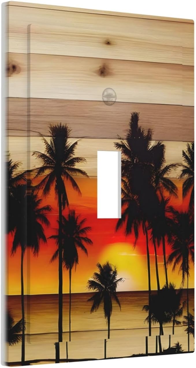 Sunset Beach Coconut Palm Tree Wooden Background Decorative Light Switch Cover 1 Gang Single Toggle Device Electrical Faceplate Switchplates Decorator Outlet Wall Plate for Bedroom Living Room Decor