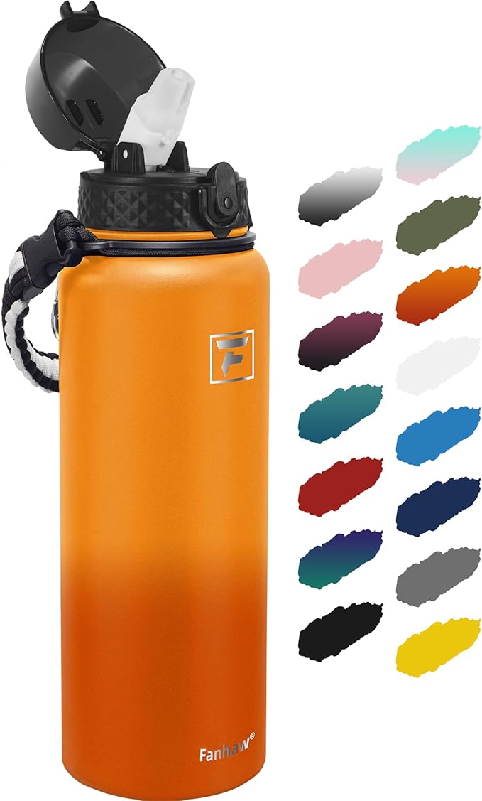 Fanhaw 40 oz Insulated Stainless Steel Water Bottle with Straw Lid, Leakproof Extra-Large Sports Bottle for Men & Women (Yellow Orange)