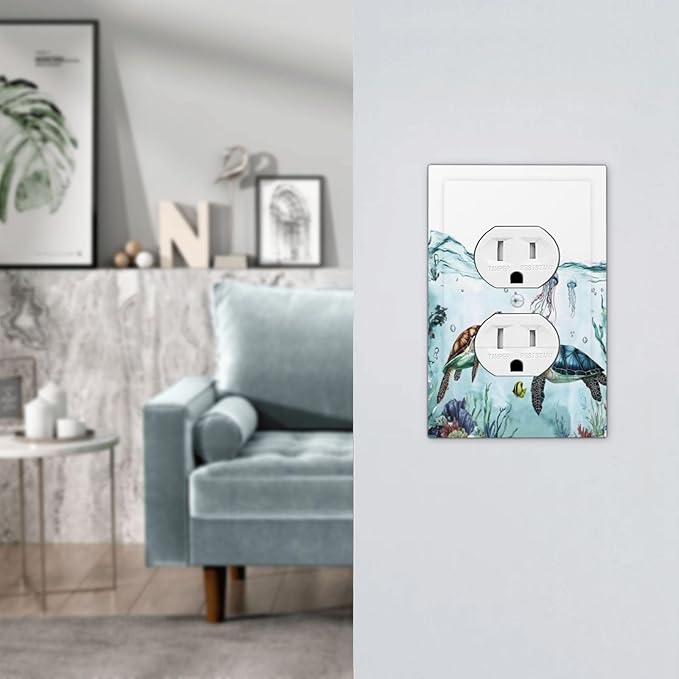 Sea Turtles Sea Coral Seaweed Ocean Jellyfish Outlet Covers 1 Gang Duplex Light Switch Cover Decorative Switch Plates Electrical Receptacle Faceplate Wall Plate for Kids Room Bathroom Decor