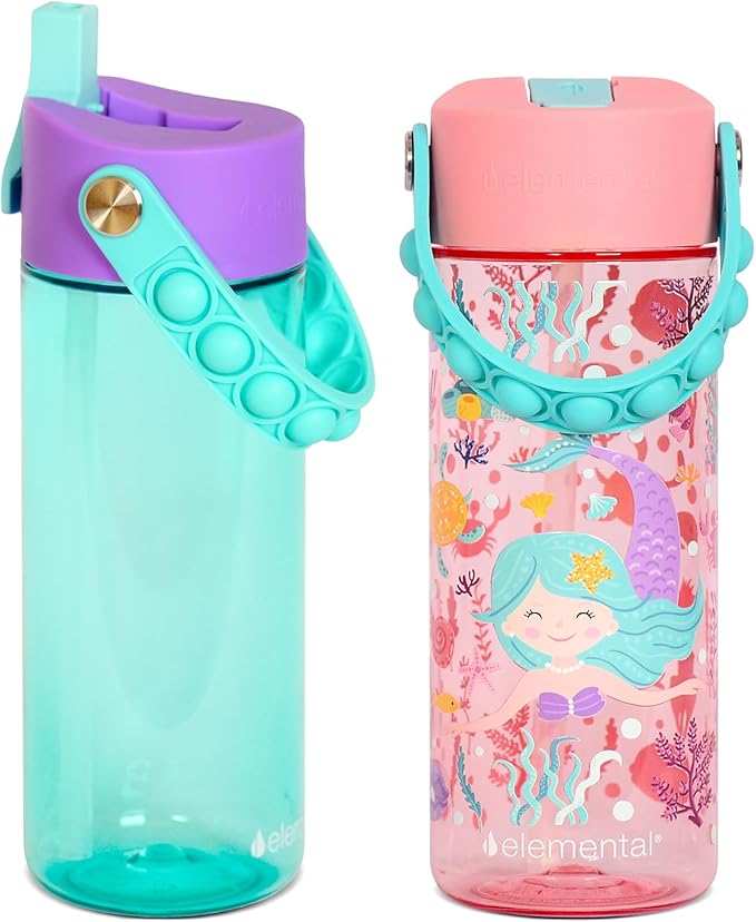 Elemental Leak Proof Water Bottles for Kids - Splash Kids Water Bottle for School with Pop-it Handle - Tritan Plastic Water Bottle with Straw - Mermaid & Robin's Egg - 18oz (2 Pack)