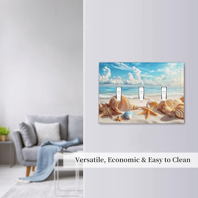 Beach Coastal Seashore Sea Starfish Shell Sand Decorative Switch Plates 3 Gang Wall Plate Triple Toggle Light Switch Cover Faceplate Electrical Wall Panels for Bathroom Home Decor