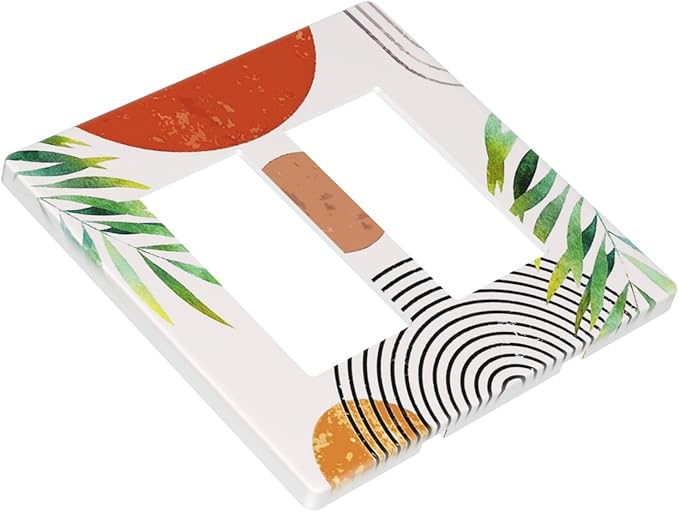 Beige Pink/Orange Boho Abstract Art Mid Century Sun 2 Gang Double Decorator GFCI/Rocker Wall Plate Tan Sunset Arch Olive Leaf Electrical Outlet Decorative Receptacle Cover Light Switch for Dimmer, USB