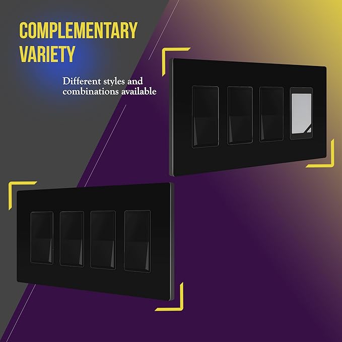 ENERLITES Screwless Decorator Wall Plates Child Safe Outlet Covers, Gloss Finish, Medium Size 4-Gang 4.88" H x 8.58” L, Unbreakable Polycarbonate Thermoplastic, SI8834M-BK, Black