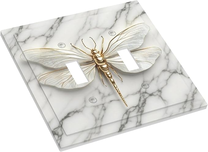 White Gold Marble Dragonfly Abstract Modern Decorative Switch Plates 2 Gang Double Toggle Outlet Light Switch Cover Wall Plate Electrical Faceplate for Bathroom Home Decor