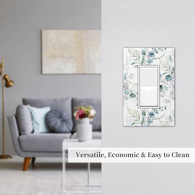 Green Eucalyptus Leaves Sage Device Single GFCI Decorator/Rocker Light Switch Wall Plate Cover 1 Gang Palm Tree Spring Botanical Plant Electrical Jumbo Face Switchplate Receptacle Outlet Cover Dimmer