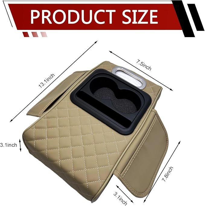 Car Center Console Cover, Upgrade 5-in-1 Genuine Leather Thickened Armrest Box, Armrest Storage Box with Cup, Universal Car Accessories Interior Organizers, for Most Cars (Beige)