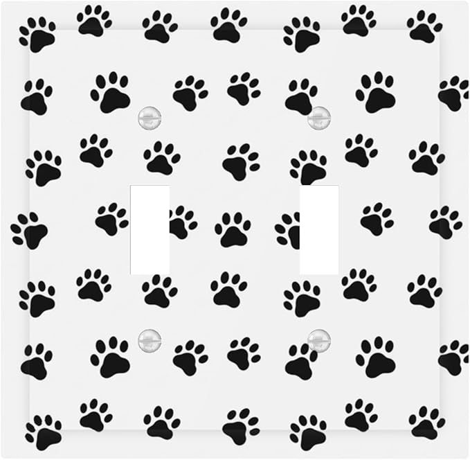 Black and White Dog Paw Print Double Toggle Switch Cover - 2-Gang Standard US Size Puppy Paws Pattern Light Switch Covers for Pet Lover's Home Decor