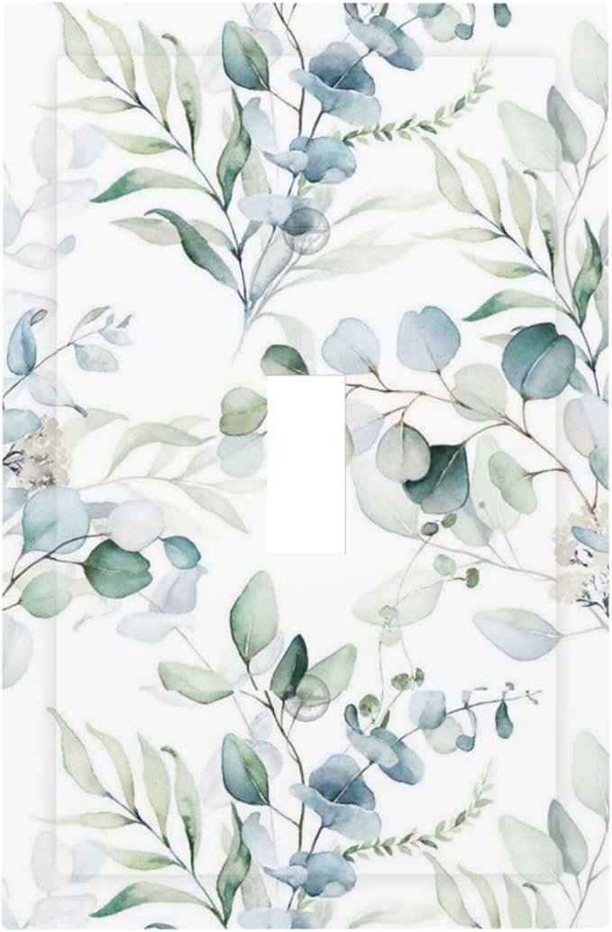 Watercolor Green Eucalyptus Leaves Decorative Single Toggle Light Switch Cover 1-Gang Wall Plate Blossom Spring Sage Botanical Plants Floral Electrical Outlet Faceplate Receptacle Cover Mid Size