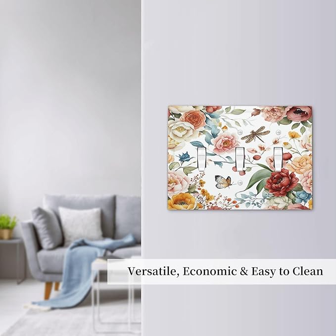 Rustic Style Colorful Peony Butterfly Dragonfly Decorative Switch Plates 3 Gang Wall Plate Faceplate Electrical Wall Panels Triple Toggle Light Switch Cover for Bedroom Living Room Decor