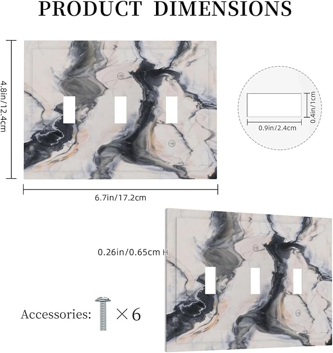 Abstract Marble Textured Modern Luxury Print Decorative Switch Plates 3 Gang Wall Plate Triple Toggle Light Switch Cover Faceplate Electrical Wall Panels for Bathroom Kitchen Decor