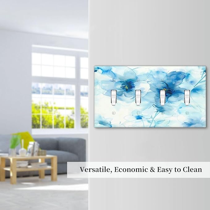 Watercolor Flower Blue White Large Floral Leaf Plants Light Switch Covers Quad Toggle Electrical Faceplate 4 Gang Wall Plate Decorative Switch Plates Cover for Bedroom Living Room Decor
