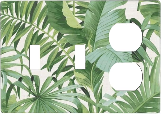 Tropical Palm Tree Leaves Jungle 3-Gang 2-Toggle 1-Duplex Device Combination Wall Plate, Green Botanical Plant Monstera Leaf Three Gang Combo Two Toggle/One Duplex Receptacle Outlet Light Switch Cover