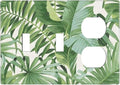 Tropical Palm Tree Leaves Jungle 3-Gang 2-Toggle 1-Duplex Device Combination Wall Plate, Green Botanical Plant Monstera Leaf Three Gang Combo Two Toggle/One Duplex Receptacle Outlet Light Switch Cover