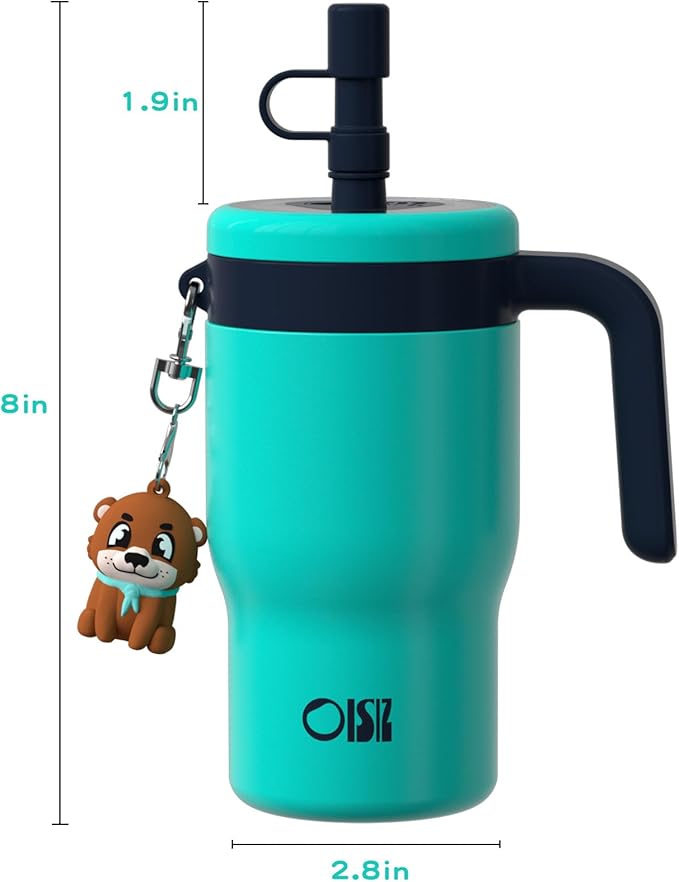 OISIZ 14oz Kids Tumbler with Straw Lid & Handle,Kids Cup with Animal Accessory for School,Kids Water Bottles with Dust-proof Cover,Leakproof Bottles,316 Stainless Steel,Keep Cold 24 Hours-dark green