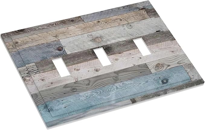 Vintage Kitchen Blue/Grey Wood Wooden 3 Gang Outlet Light Switch Triple Toggle Wall Plate Cover Cabin Barn Door Rustic Country Three Device Decorative Jumbo Size Decorator Receptacle Face Wallplate