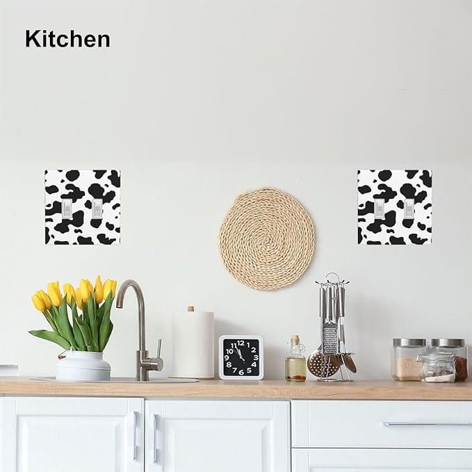 Black White Cow Print 2-Gang Double Toggle Switch Plate, Farm Cow Pattern Wall Plate for Farmhouse, Bedroom, Kitchen & Home