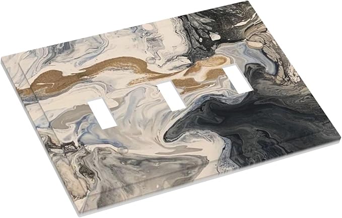 Decorative Switch Plates Black Gold Swirl Fluid Painting Marble 3 Gang Wall Plate Triple Toggle Light Switch Cover Faceplate Electrical Wall Panels For Bathroom Kitchen Decor