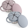 Mity rain Stainless Steel Snack Containers for Toddlers with Spill-Proof Silicone Lids Handles - 3-in-1 Baby Snack Cups, No-Spill Toddler Snack Box (Grey+Grey Purple, Two piece set)