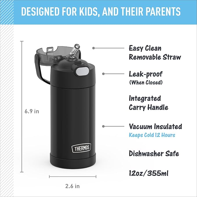 THERMOS FUNTAINER Water Bottle with Straw - 12 Ounce - Kids Stainless Steel Vacuum Insulated Water Bottle with Lid, Black