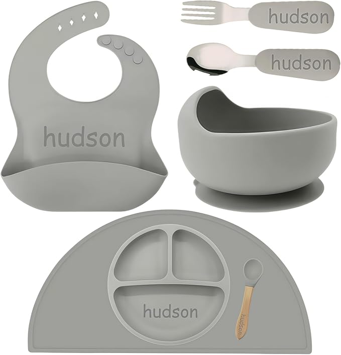 Personalized Silicone Suction Plates for Baby，Custom Toddlers Spoon and Fork, Baby Feeding Set with Name,Baby Birthday Gift for Boy & Girl (Grey placemat)