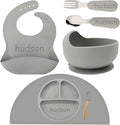Personalized Silicone Suction Plates for Baby，Custom Toddlers Spoon and Fork, Baby Feeding Set with Name,Baby Birthday Gift for Boy & Girl (Grey placemat)