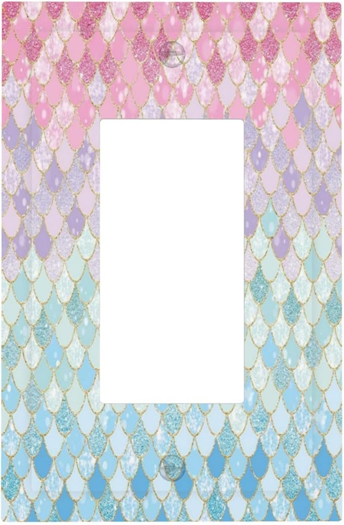 Colorful Mermaid Scales 1 Gang Rocker Light Switch Plate Cute Blue Single Decora Outlet Wall Cover Faceplate Decorative Wallplate for Bathroom Girls Bedroom Kids Baby Nursery Living Room Decorate