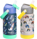 rockpapa 2 Pack Kids Insulated Water Bottle with Straw, BPA-Free, Stainless Steel, Leak Proof 14OZ Metal Cup Water Bottle for School Boys Girls (Rocket+Grey Trucks)
