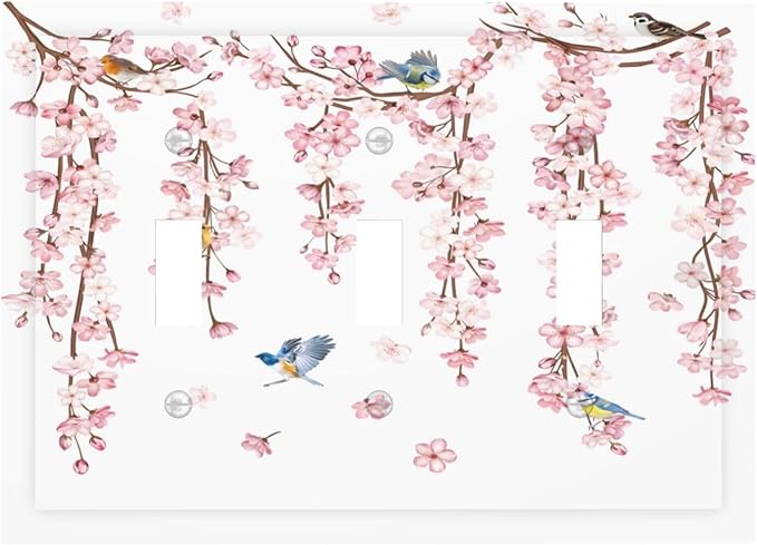 Pink Cherry Blossom Flower Vine Floral Tree Branch Birds Decorative Switch Plates 3 Gang Wall Plate Triple Toggle Light Switch Cover Faceplate Electrical Wall Panels for Bedroom Living Room Decor