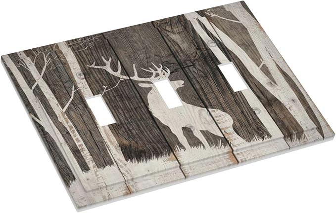 Vintage Wood Forest Deer Wildlife Animal Silhouette Decorative Switch Plates 3 Gang Wall Plate Triple Toggle Light Switch Cover Faceplate Electrical Wall Panels for Farmhouse Home Decor
