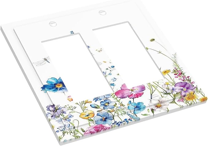 Decorative Outlet Covers Boho Colorful Flowers Plants And Dragonflies 2 Gang Double GFCI Rocker Electrical Wall Panels Light Switch Cover Plate for Bedroom living Room Decor